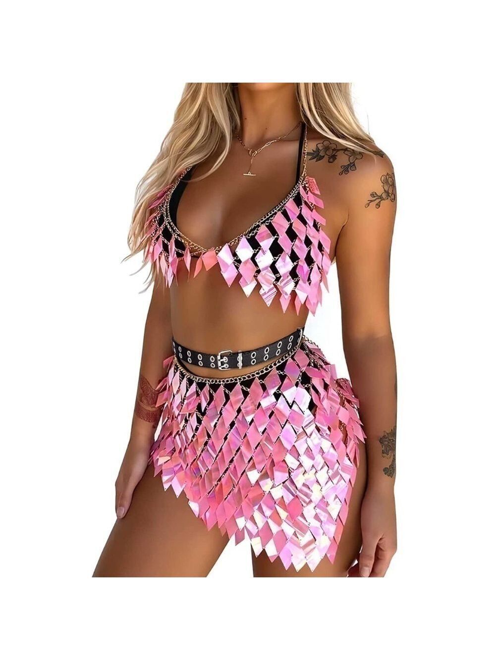 SEQUINS Tassels Body Chain Pink Bra Skirt Set Sexy Bikini Rave Festival Party